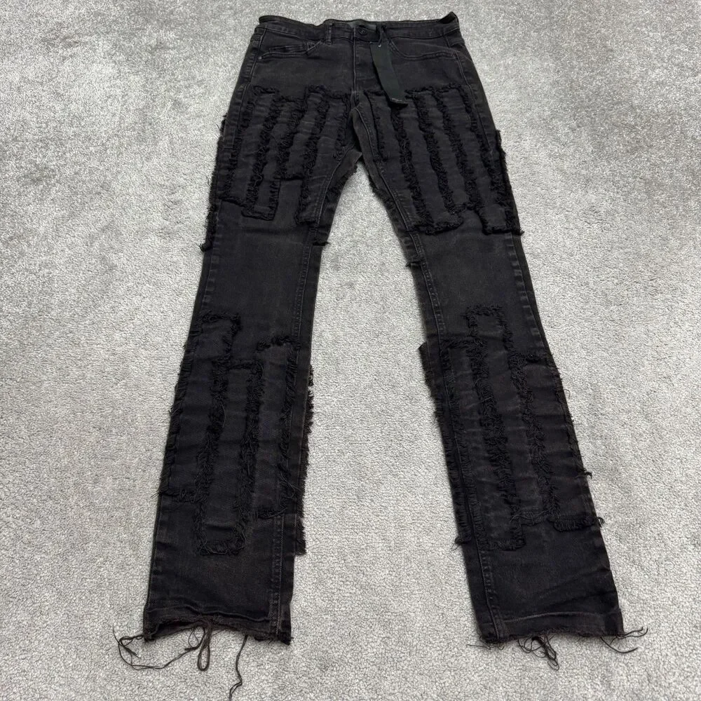 KDNK Distressed Frayed Patchwork Skinny Denim Jeans Mens 30 Black Grunge Edgy